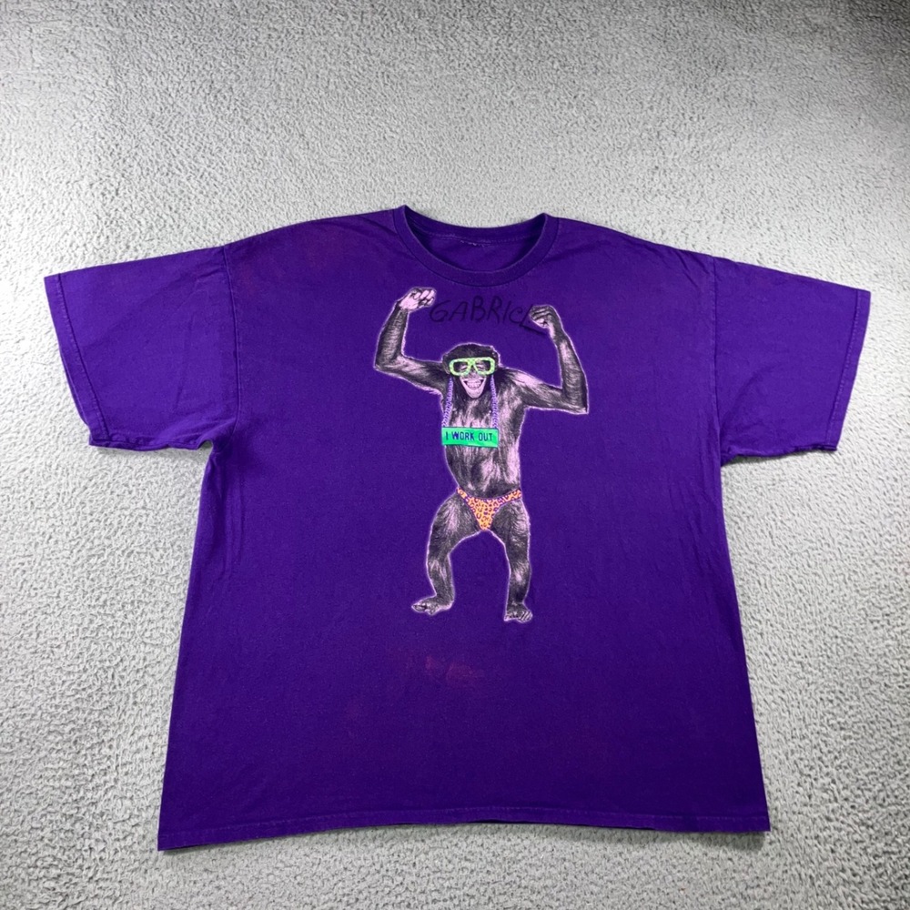 Vintage Y2K I Work Out Gym Chimp Tee 2XL Purple Neon Monkey Funny Retro Novelty